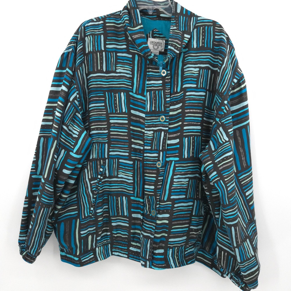 Cervelle Vintage 100% silk Bomber Jacket Women 3X Blue Abstract Geometric 90s